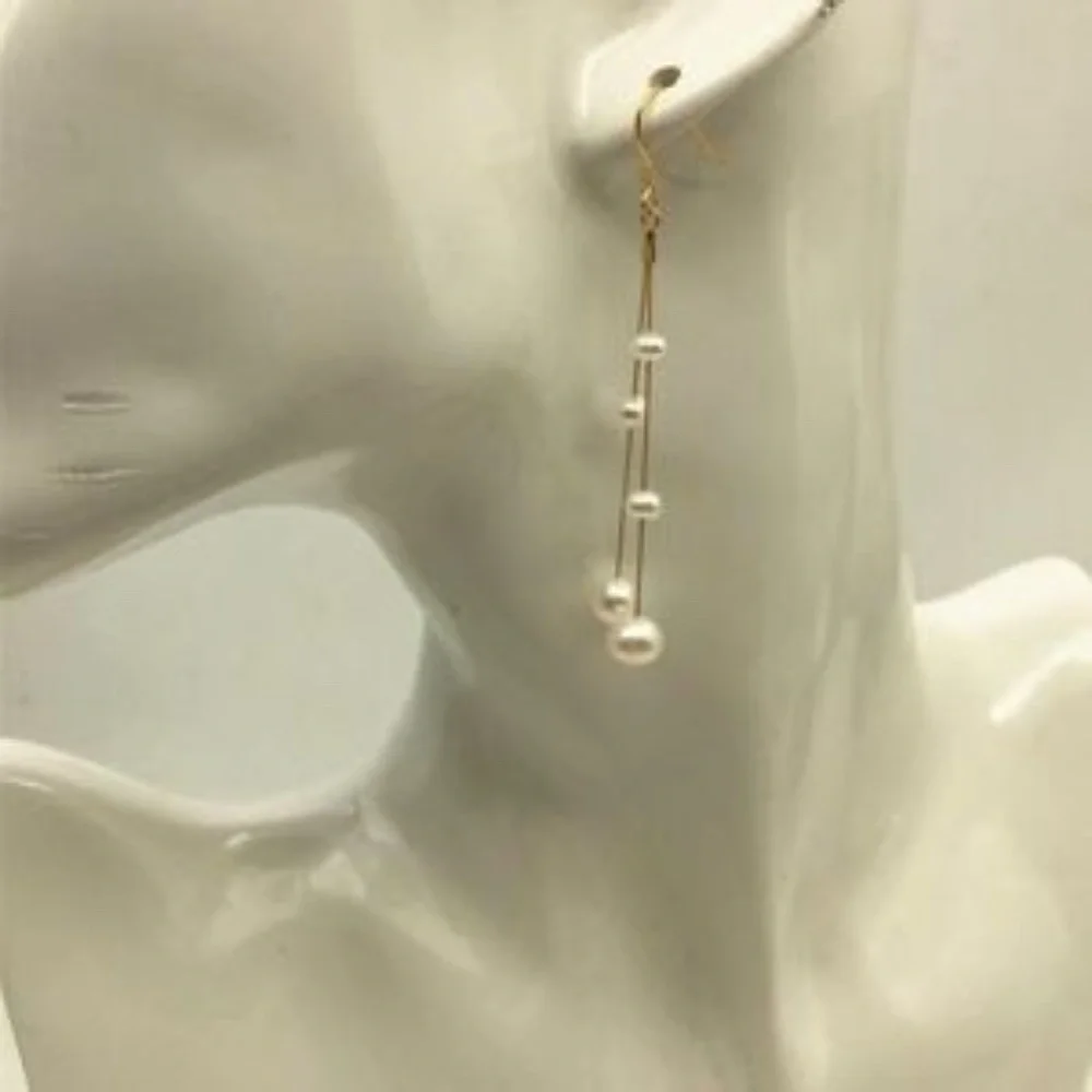 White AAAvPearl Long Linear Dangle Earrings • Gold • Statement Earrings
